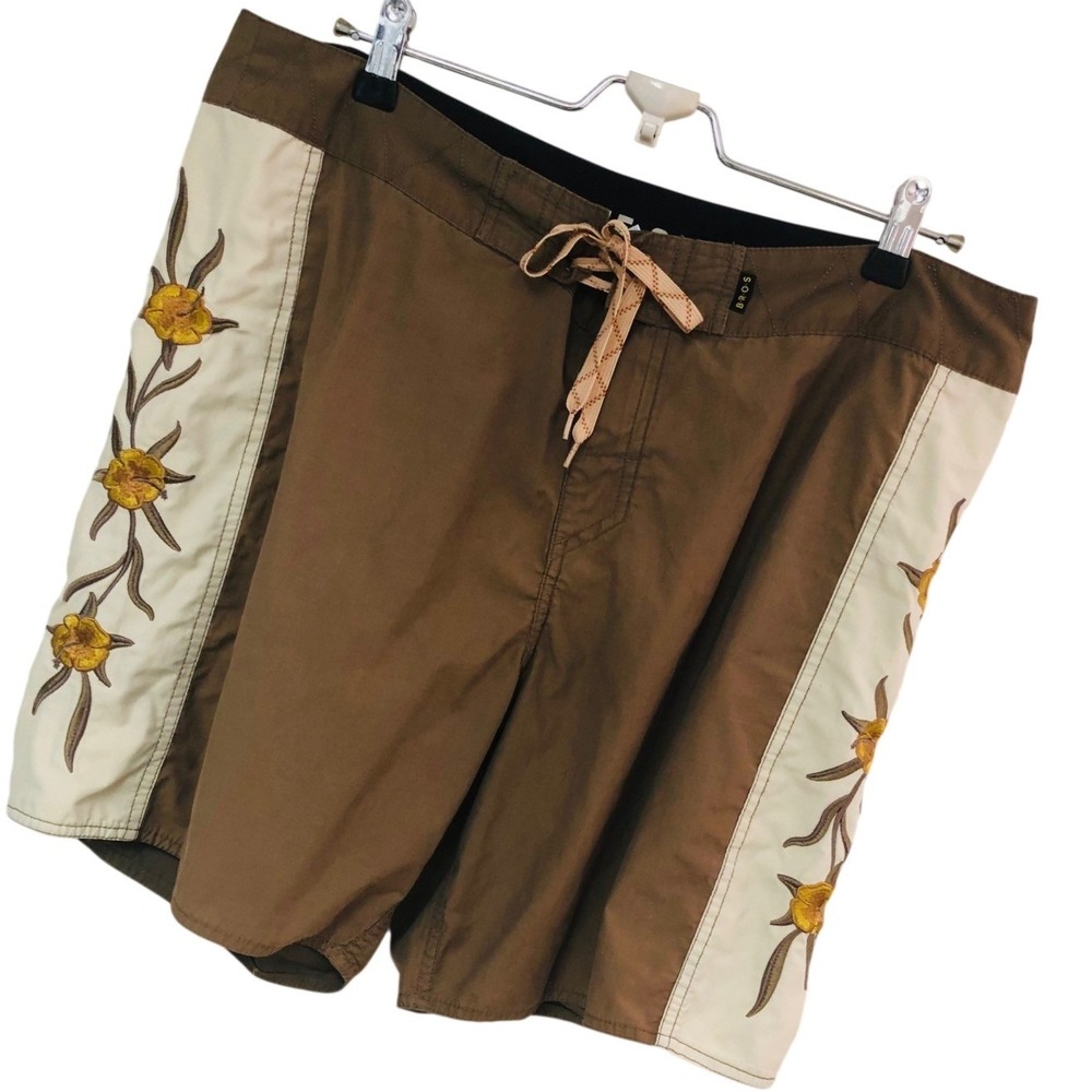 Howler Brothers Crosscut Deluxe Board Shorts Swim Brown Embroider Aloha 35 x 8